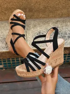 Women's Fashionable Plain Color Wedge Sandals, Casual Crisscross Strap Cork Platform Sandals, Comfortable and Fashionable for Summer Outfits, Girl