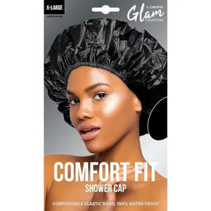 DONNA Comfort Fit Waterproof Reusable Shower Cap with Elastic Band for Women in Black XL