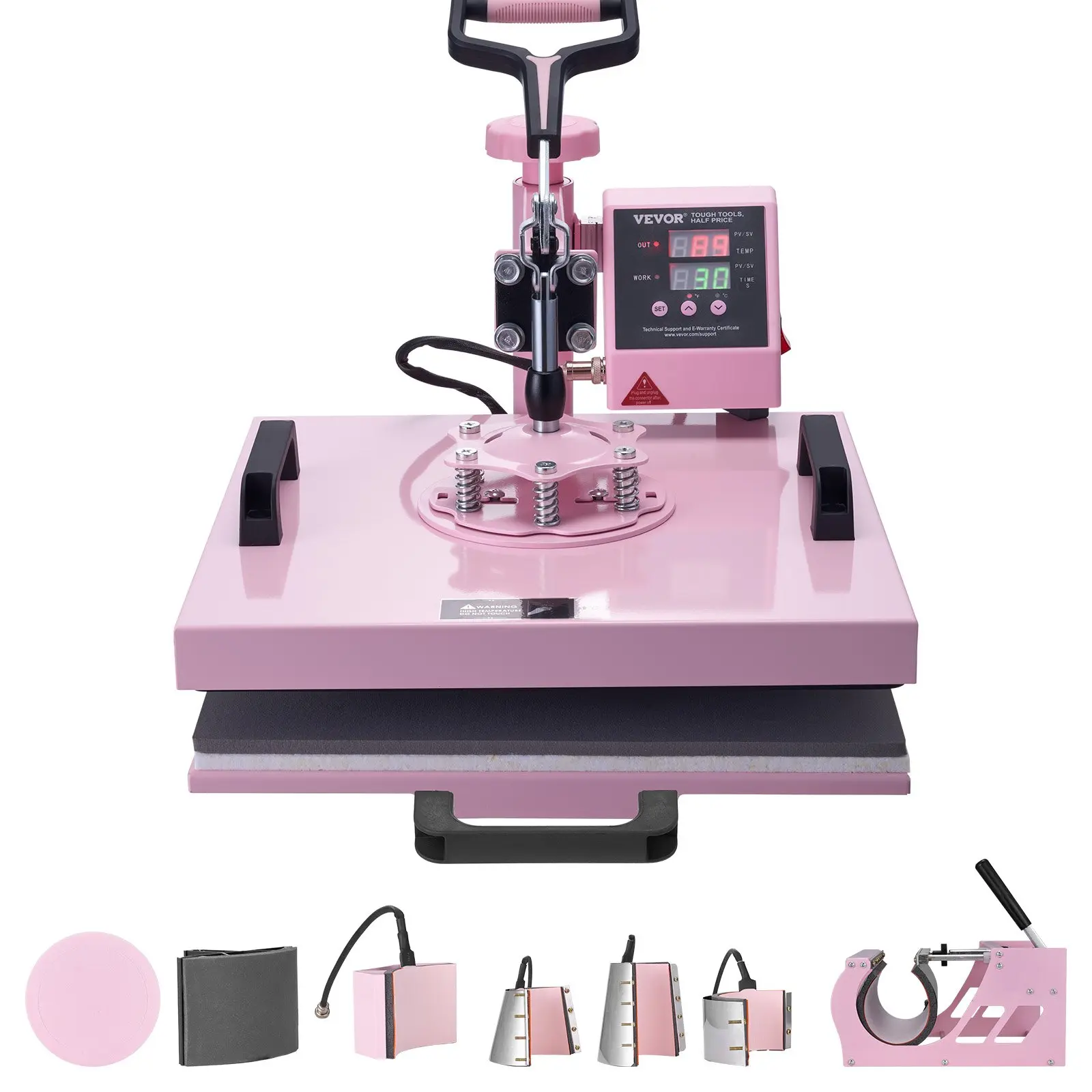 VEVOR 8 in 1 Heat Press Machine, 1400W(US), 15x15in T-Shirt Printer, 6-30oz Tumbler & Mug Press, 360° Swing-Away Design, Digital Control, Beginner-Friendly, Safe 360° Swing-Arm, for T-Shirts & Hats, Pink, Mugs