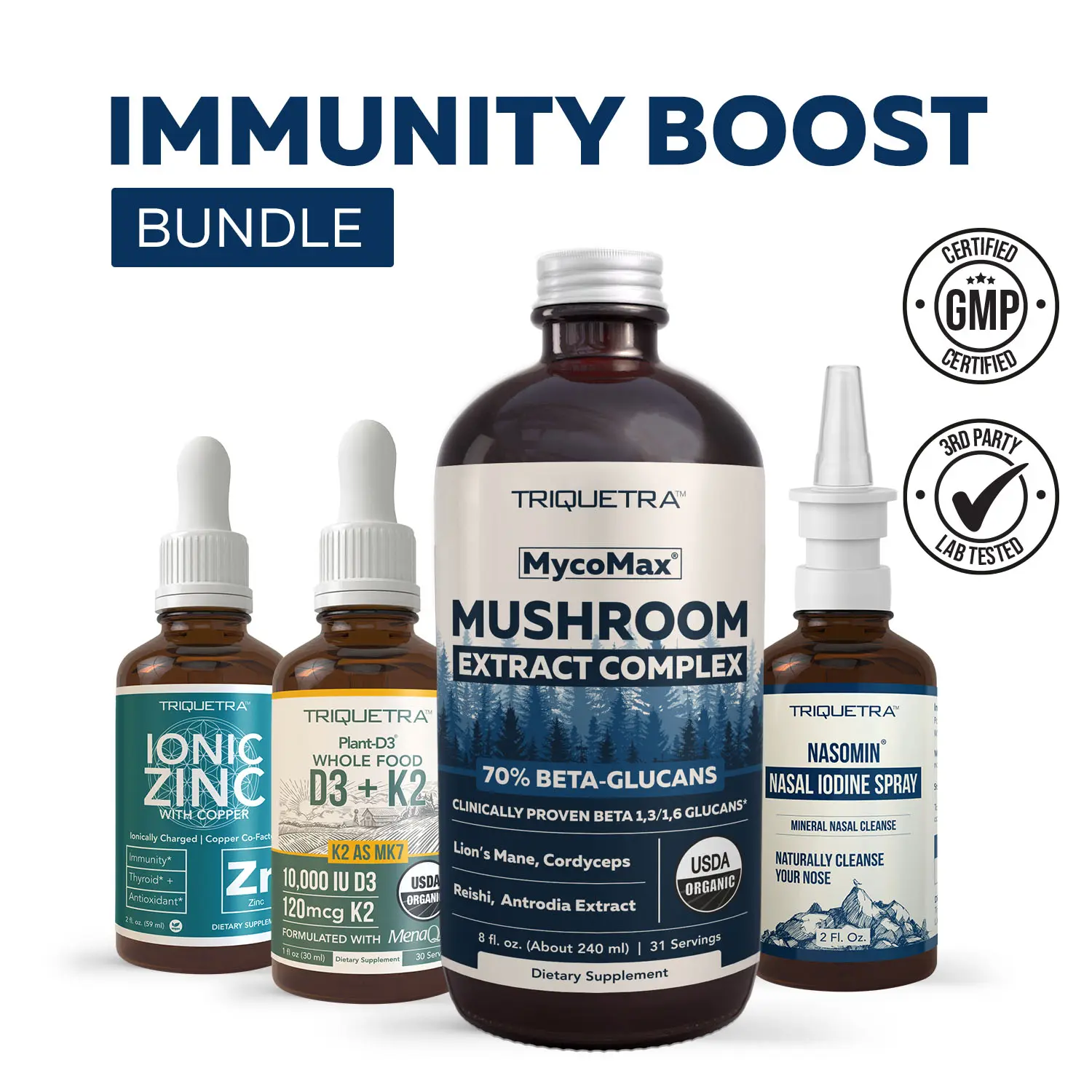 Triquetra Health Immunity Boost Bundle - Nasomin Nasal Cleanse, Ionic Zinc, D3 + K2, MycoMax Mushroom Complex & Liquid Formulations for Back to School Healthcare Natural