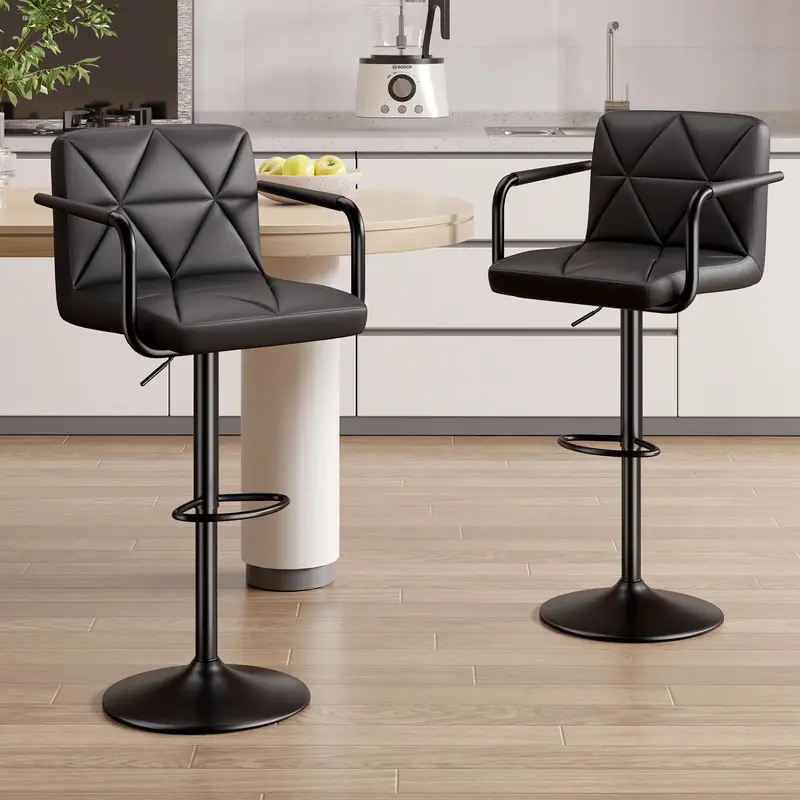 Set of 2 Black PU Leather Swivel Barstools - Indoor Counter Height Furniture with Back & Arms, Adjustable Height 25.5-34.5 IN, 360-Degree Rotation, Chair Leather Swivel Stools Black Pu Chairs