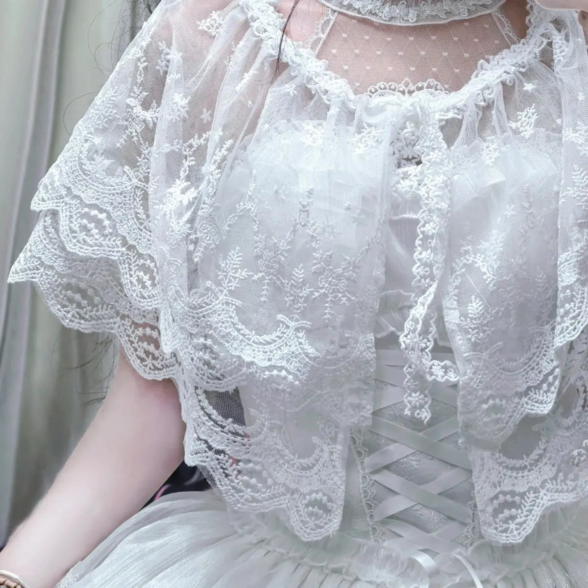 Girls' Retro Double-Layer Lace Shawl - Women's Bow-Accent Shawl Sleeve Sweet Summer Fashion Accessory Cardigan