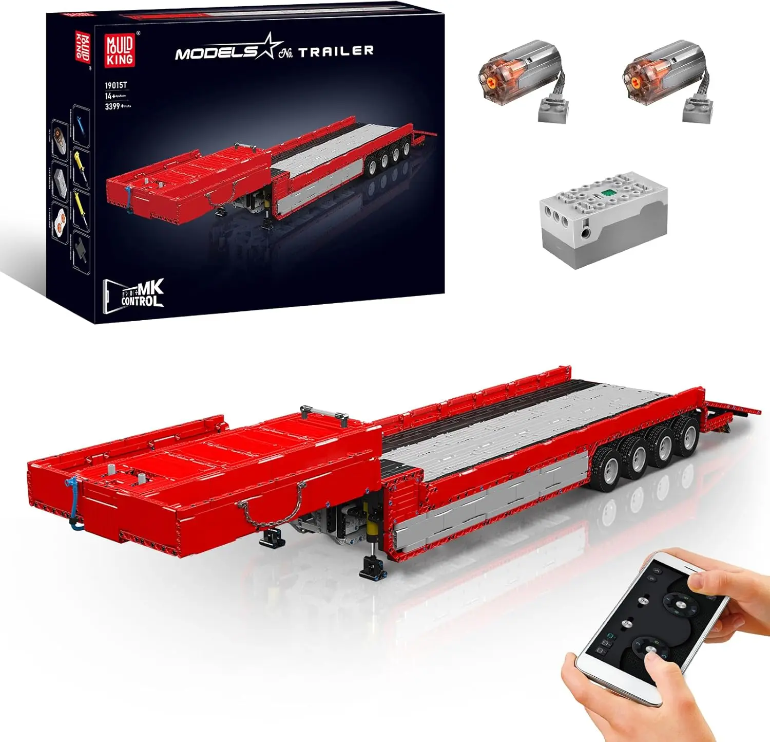 Mould King MOC 19015T Trailer Truck Building Blocks Kit - Model Car Kit, Large Brick Set, Mechanical Toy, Plastic Model (3,399 Pieces with Motor/RC, Gift for 14+/Adult Collectors), Large Brick Set Trucks