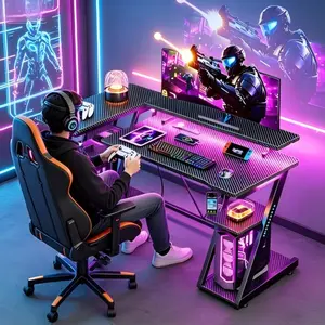 40 Inch L-Shaped Gaming Desk with Built-in Power Outlet and LED Lights, Corner Computer Gaming Table with 3-Tier Storage Shelves, Equipped with Monitor Riser, Ideal for Small Space Home Use, Carbon Fiber Black Finish