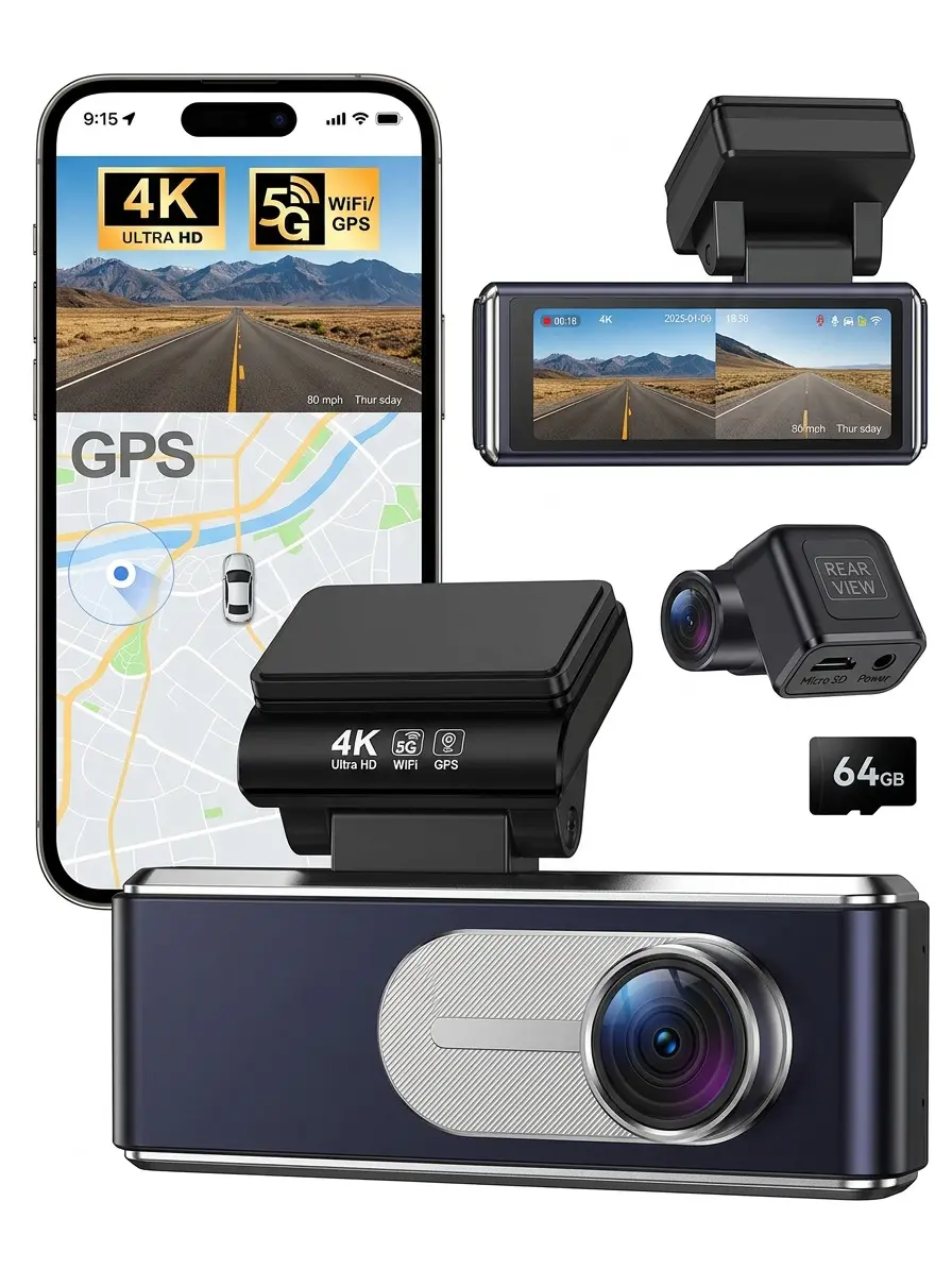 4K Dash Cam Front and Rear, Integrated 5.8G WiFi GPS, 64GB Card Included, 3.2" IPS Screen Car Camera, Super Night Vision, ADAS Voice Alerts, 24H Parking Mode, G-Sensor, Loop Recording