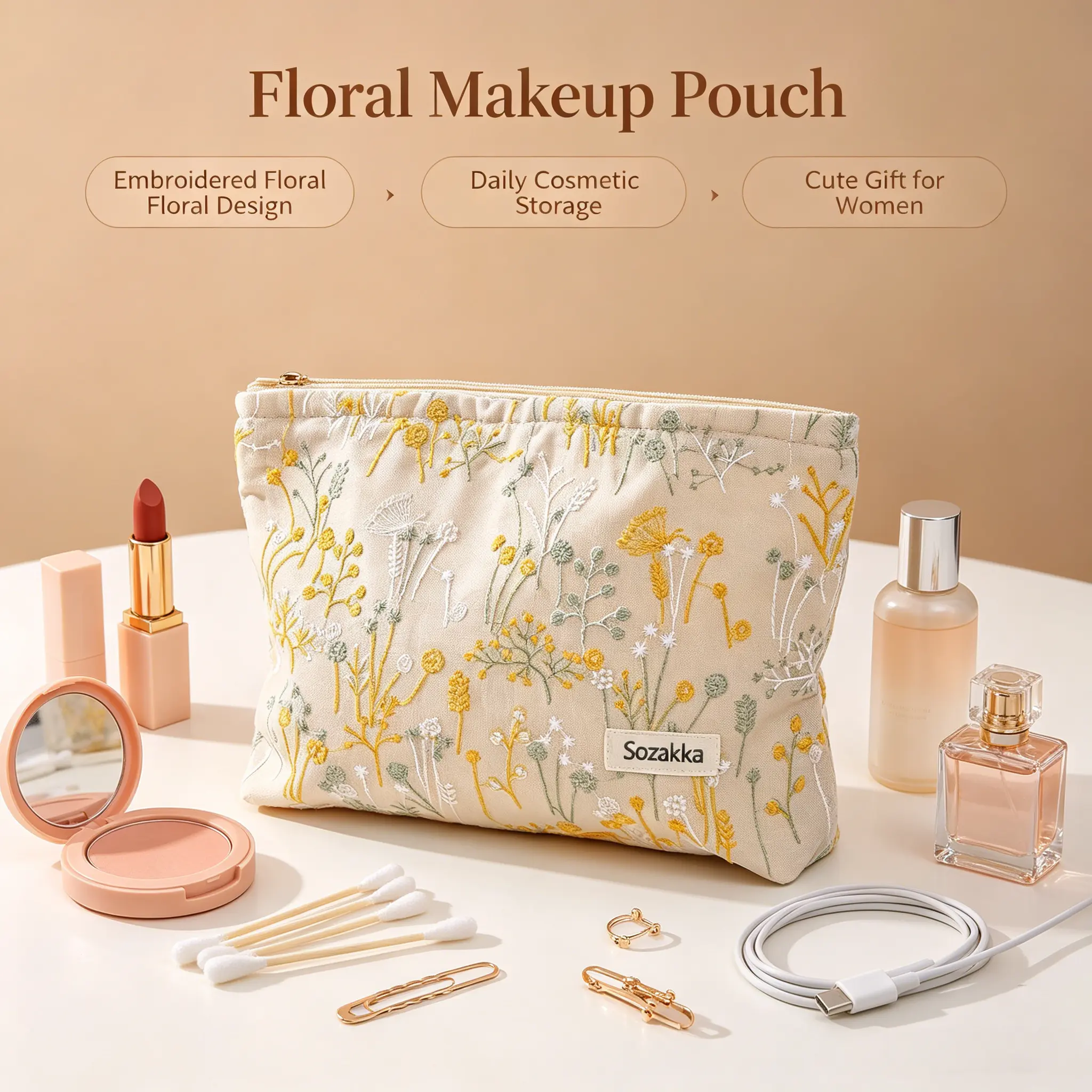 Women's Embroidered Floral Makeup Bag - Vibrant Embroidery Canvas Beauty Storage Pouch, Lightweight Cute Portable Cosmetic Travel Bags, Soft Fabric Toiletry Organizer for Purse, Cute Gift Pick for Loved Ones