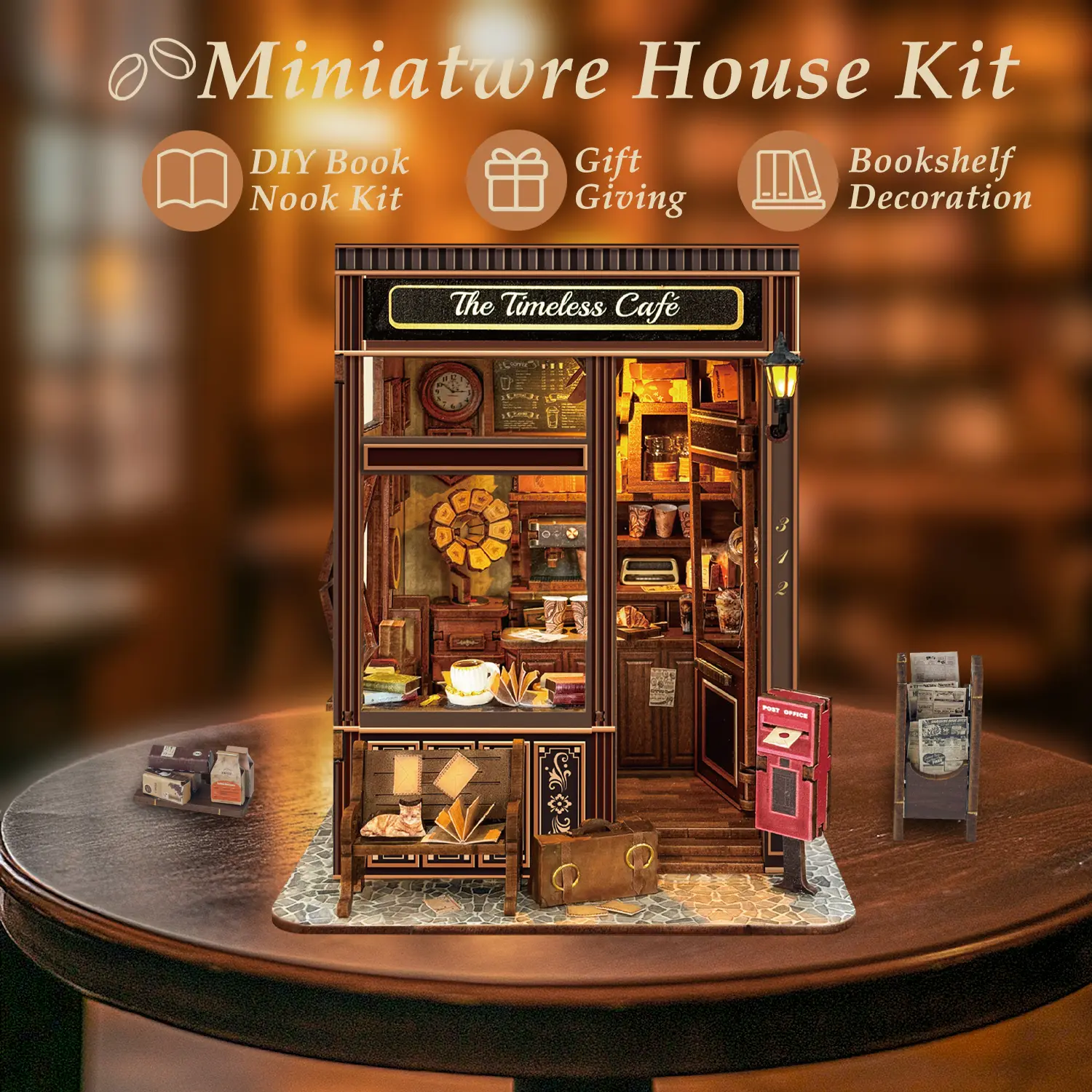 Timeless Cafe Book Nook Vintage Miniature Dollhouse Kit with LED Lighting, DIY 3D Interlocking Puzzle Diorama, Adult Building Toy for Collectibles & Home Decor, Book Lover Gifts