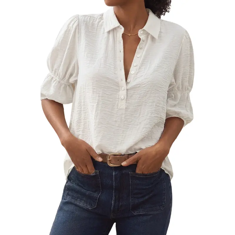 Flamingals Solid Button Up Puff Sleeve Blouse
