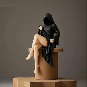 Resin Halloween Girl Statue Women Sitting Figure Ornaments Mysterious Statue Gothic Death Black Robe Queen Bookshelf Sculpture