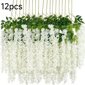 12Pcs Artificial Wisteria Flowers 43.3 Inch/Piece Dense Artificial Fake Wisteria Vine Ratta Hanging Garland Silk Flowers String Decorative Home Party Wedding Decor, Artificial Vines, UV-resistant, Garden Decorations, Artificial Flowers For Outside