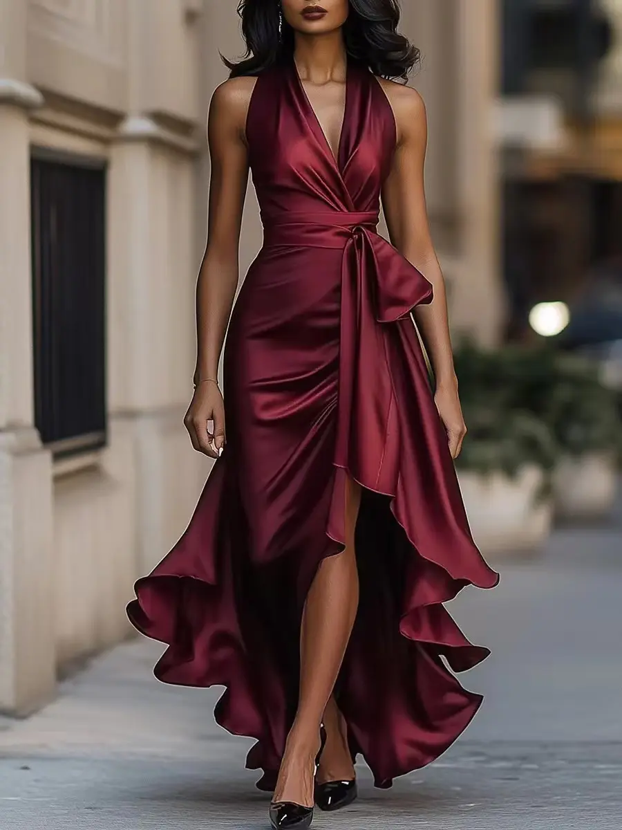 Elegant Halter Neck Wrap Dress with Ruffle Hem and Deep V-Neckline, Perfect for Formal Events and Special Occasions