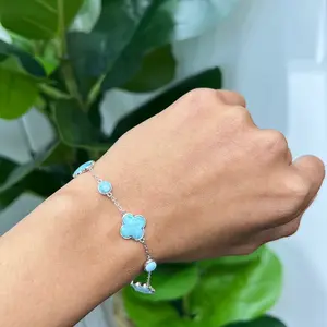 S672- NEW .925 Sterling Silver Larimar Flower Bracelet W.G