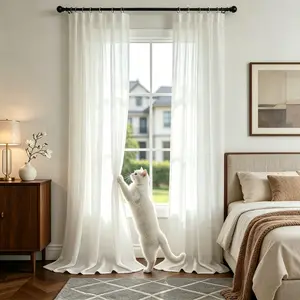 Pet-Friendly Scratch-Resistant Light Filtering Semi-Sheer Curtains, 2-Panel White Set with Free Clip Rings & Hooks for Pinch Pleated Hanging, Smooth Drape for Living Room