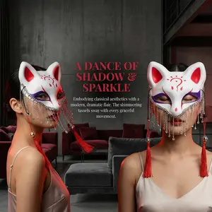 Delicate Japanese Kitsune Fox Half Face Mask with Rhinestone Tassels, Anime Demon Style Elegant Masquerade Mask, Diamond Little Fox Creative Festival Ball Accessory for Adult Women Cosplay, Halloween Carnival Costume Party Decorative Mask Handmade