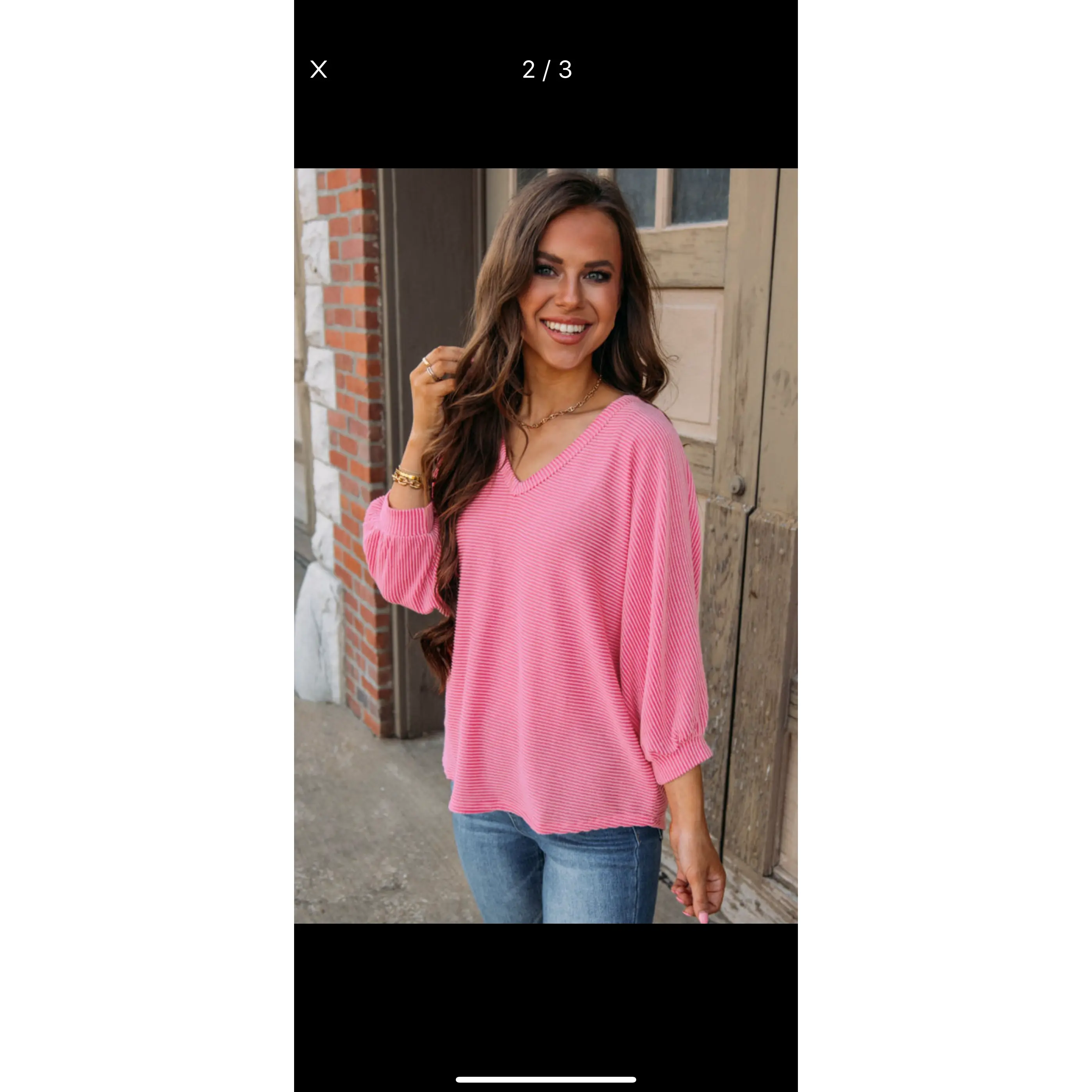 Strawberry Pink Striped Print Bracelet Sleeve V Neck Top