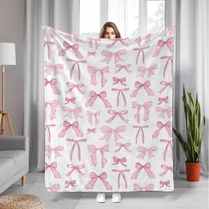 Pink Bow Pattern Flannel Blanket, Ultra-Soft Plush Throw with Delicate Watercolor Bow Print, Cozy Warm Fleece Blanket for Couch Bed, Perfect Gift for Girly Style Lovers & Kids, All-Season Comfort
