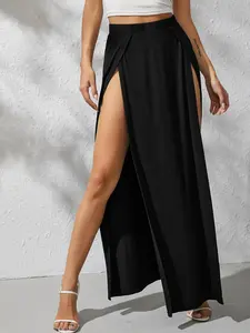 Women's Plain Split Thigh Wrap Fitted Maxi Skirt, Elegant Minimalist High Waist Long Skirt For Party Club Dating, Ladies Essential Summer Clothes, Womenswear