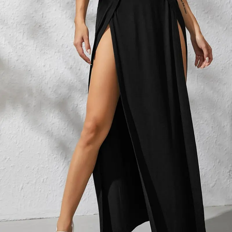 Women's Plain Split Thigh Wrap Fitted Maxi Skirt, Side Slit Skirt, Evening Skirt, Elegant Minimalist High Waist Long Skirt For Party Club Dating, Ladies Essential Summer Clothes, Womenswear