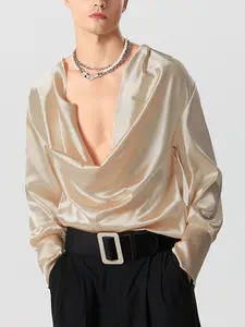 INCERUN  Men's Fashion Casual Basic Satin V-Neck Long Sleeve Shirt, Elegant Casual Style, Stylish Solid Color Woven Fabric, Fitted Design for All Seasons