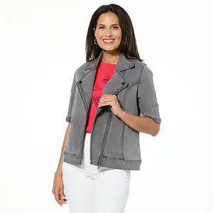 DG2 by Diane Gilman New Classic Stretch Denim Elbow Sleeve Moto Jacket