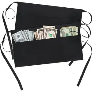 Waitress Apron With 3 Pockets - Black Server Aprons - Waiter Short Half Waist Servers Apron