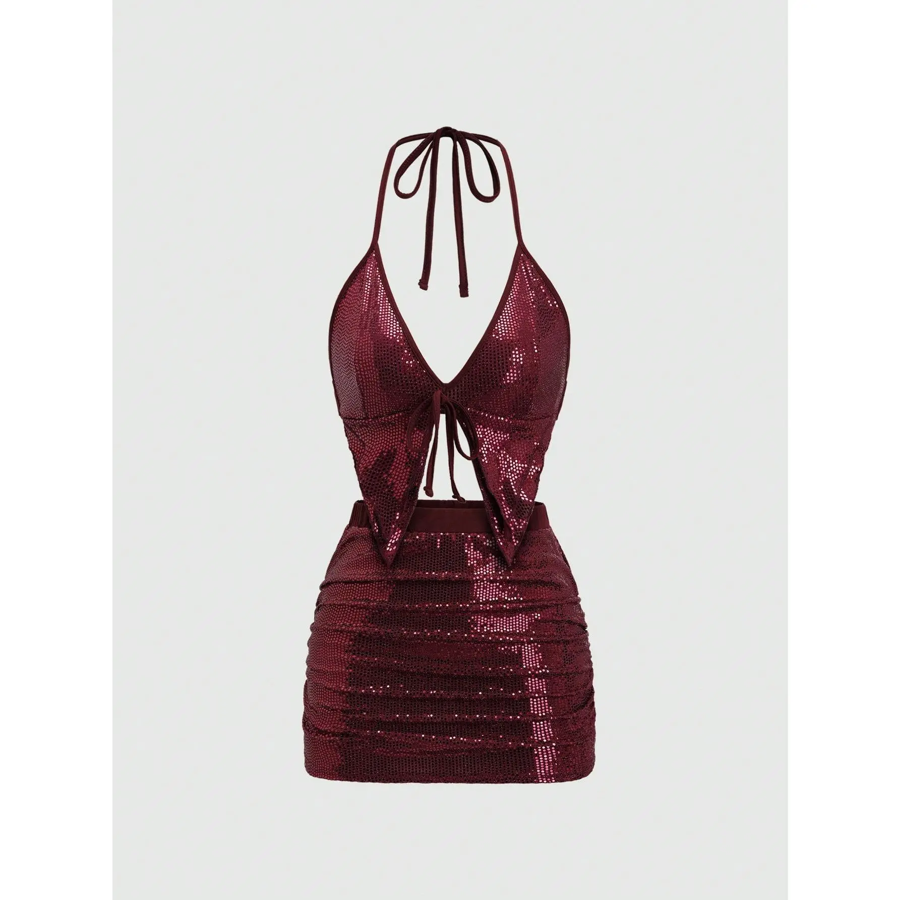 Y2k 2 Piece Outfits Backless Halter Crop Top and Ruched Bodycon Mini Skirt Set