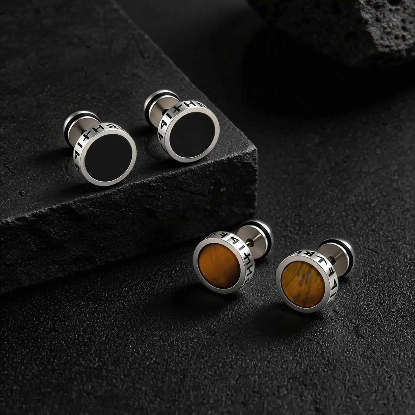 Vnox Stainless Steel Black Acrylic Tiger Eye Stone Stud Earrings for Men Women, 10mm Wide Anti Allergy Round Ear Jewelry Gifts