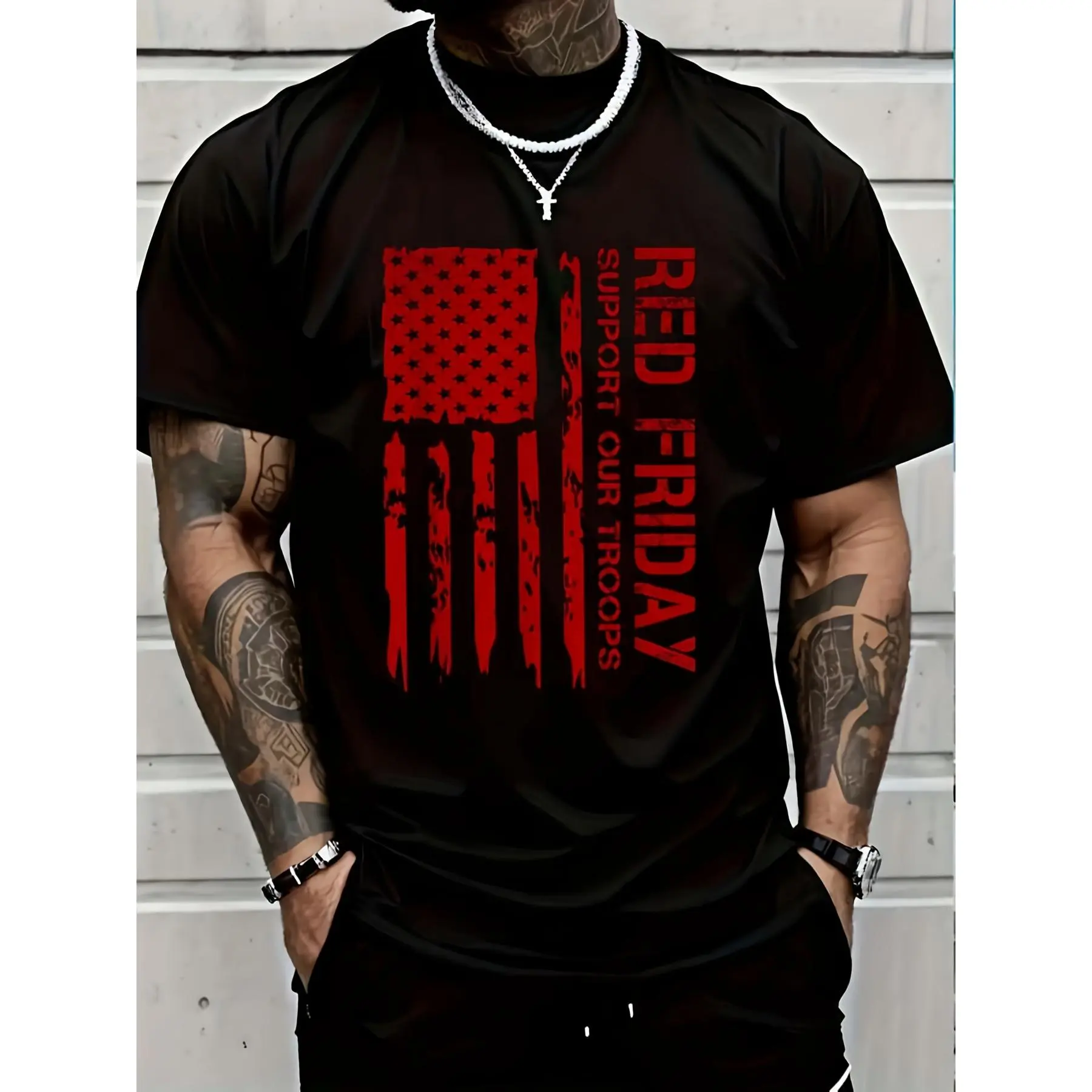 Menswear R.E.D. Friday Remember Everyone Deployed Graphic T-Shirt, Casual Shortsleeve Round Neck Top, Soft Breathable Fabric in Plus Sizes, Tshirt