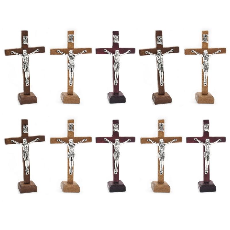 10pcs Wooden Cross Ornament Tabletop Ornaments Standing Crucifix Cross Decoration Churches Wood Cross with Stand Crafts