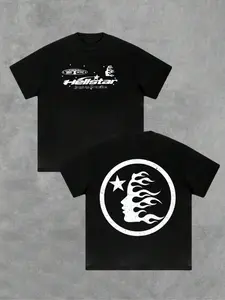 Men's Loose Fit Fashion Print Round Neck T-Shirt, Menswear, Casual Daily Wear, Unisex Design, Young College Streetwear, Dark Pattern, Long Fitted