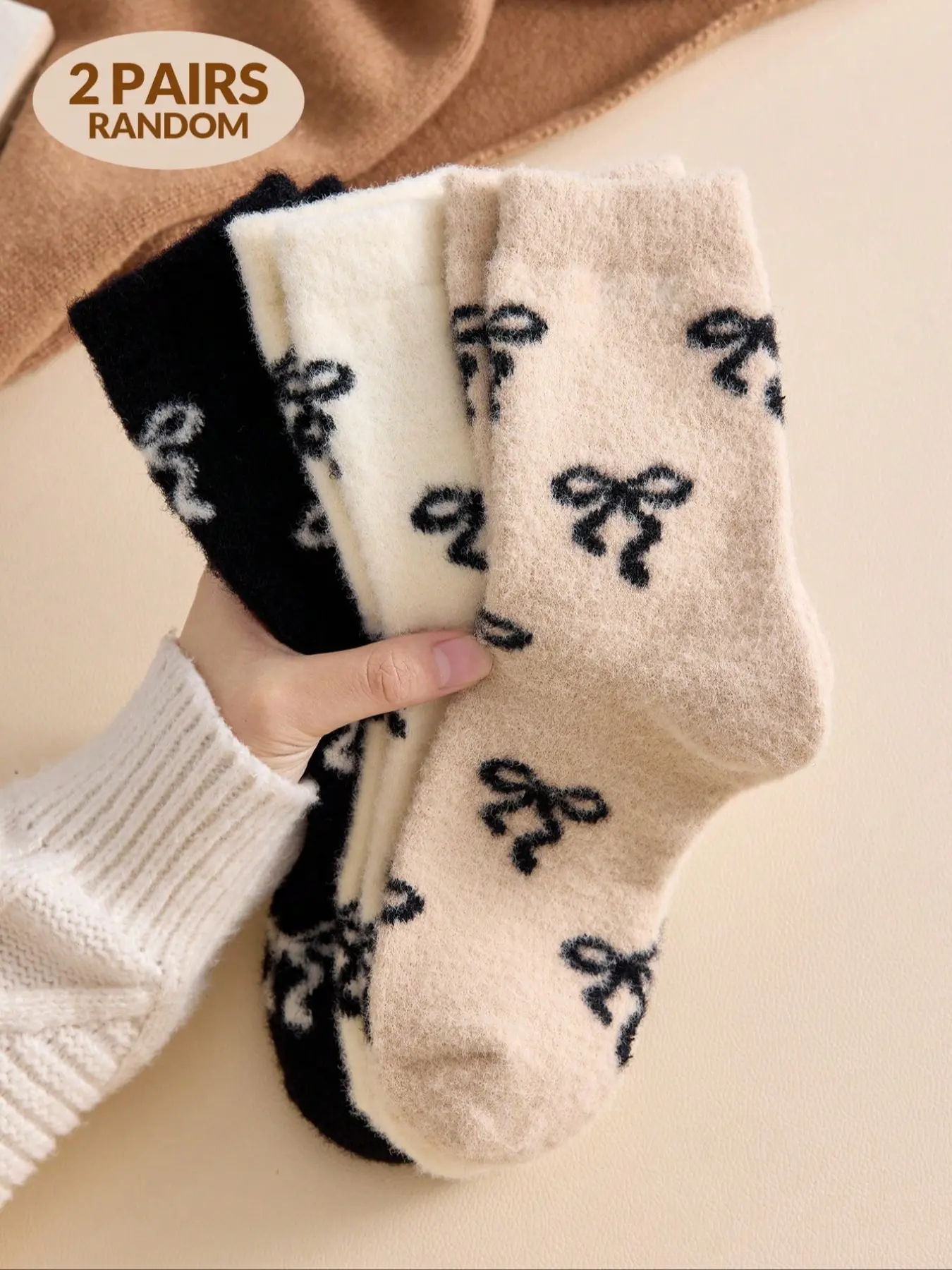 2/4 Pairs of Women’s Winter Bow Mid-Calf Socks, Thick Soft Fluffy Warm Socks for Cold Weather