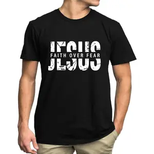 Christian Shirts for Men Jesus Faith Over Fear Tshirt Inspirational Bible Verse Graphic Tees Tops