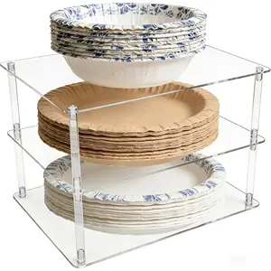 Acrylic Paper Plate Dispenser, Paper Plate Holder for Disposable Plastic Foam Plates & Bowls, Kitchen Storage Organizer for Cabinet Countertop (Clear)