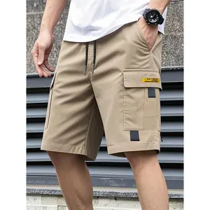 HIDKAT Men's Mid-Waist Fitted Polyester Plain Casual Comfy Athletic Shorts - 1 Pair, Multi Pockets, Drawstring, Spring Summer Workwear, Ideal for Outdoor Activities, Camping