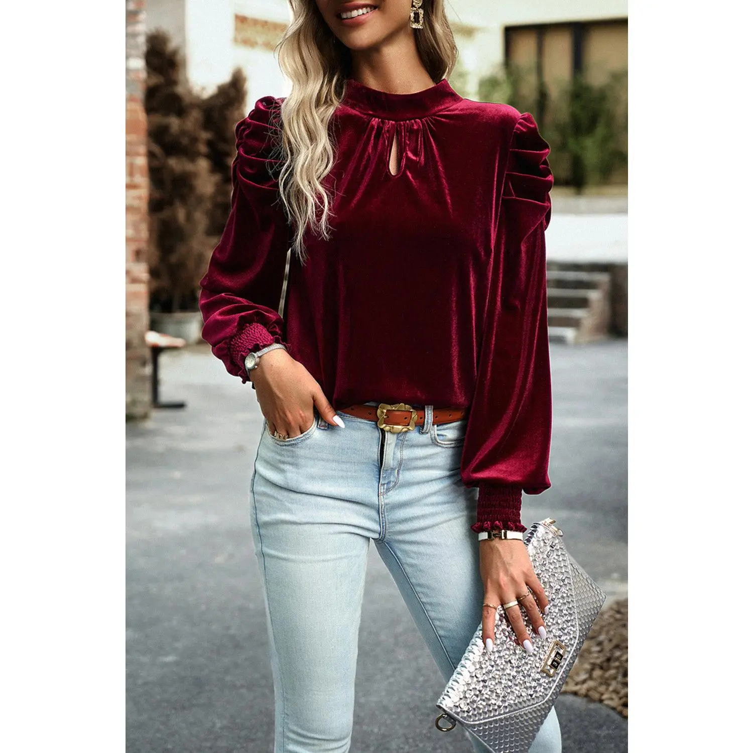 Fiery Red Mock Neck Puff Sleeve Velvet Blouse