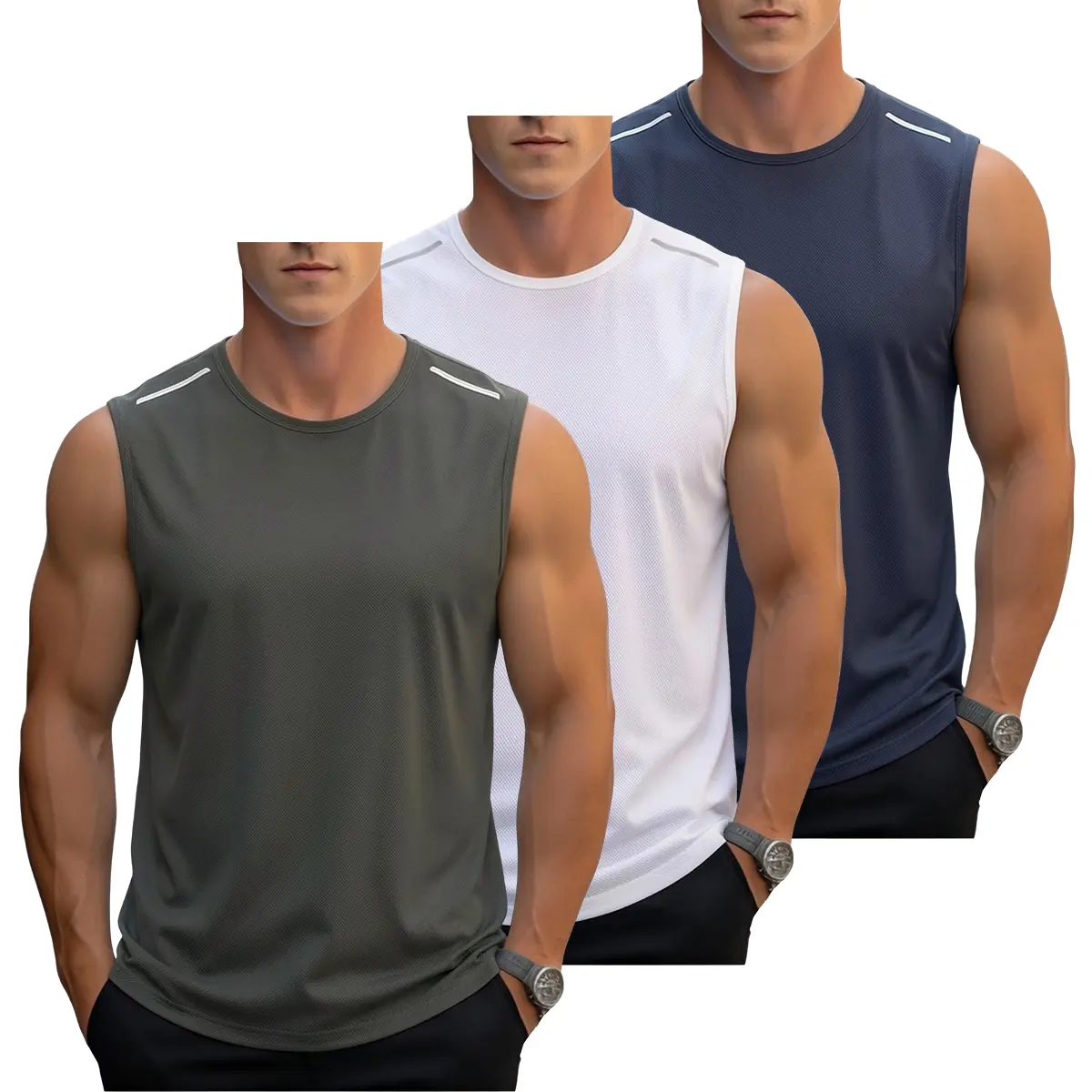 Men's 3-Pack Sleeveless Short Vests - Breathable, Quick-Dry Polyester Crew Neck Fitted, Lightweight Knit, Dry-Fit, Moisture-Wicking Athletic Tops for Summer Gym, Running, Dry-Fit Vests