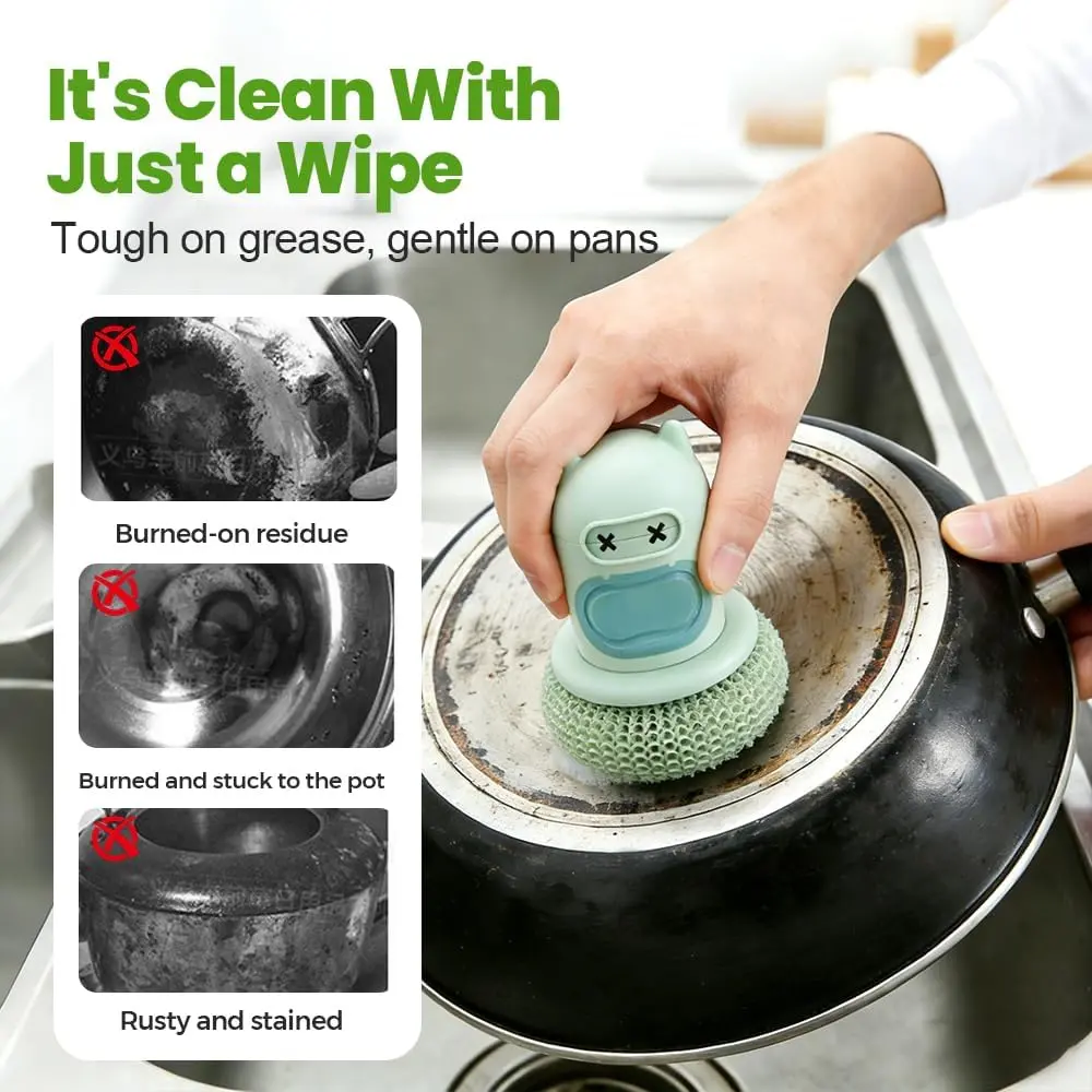 Soap Dispensing Kitchen Scrub Brush with Refillable Handle, Dish Cleaning Brush for Pots, Pans, Plates, Bowls and Sink, Comfort Grip Scrubber