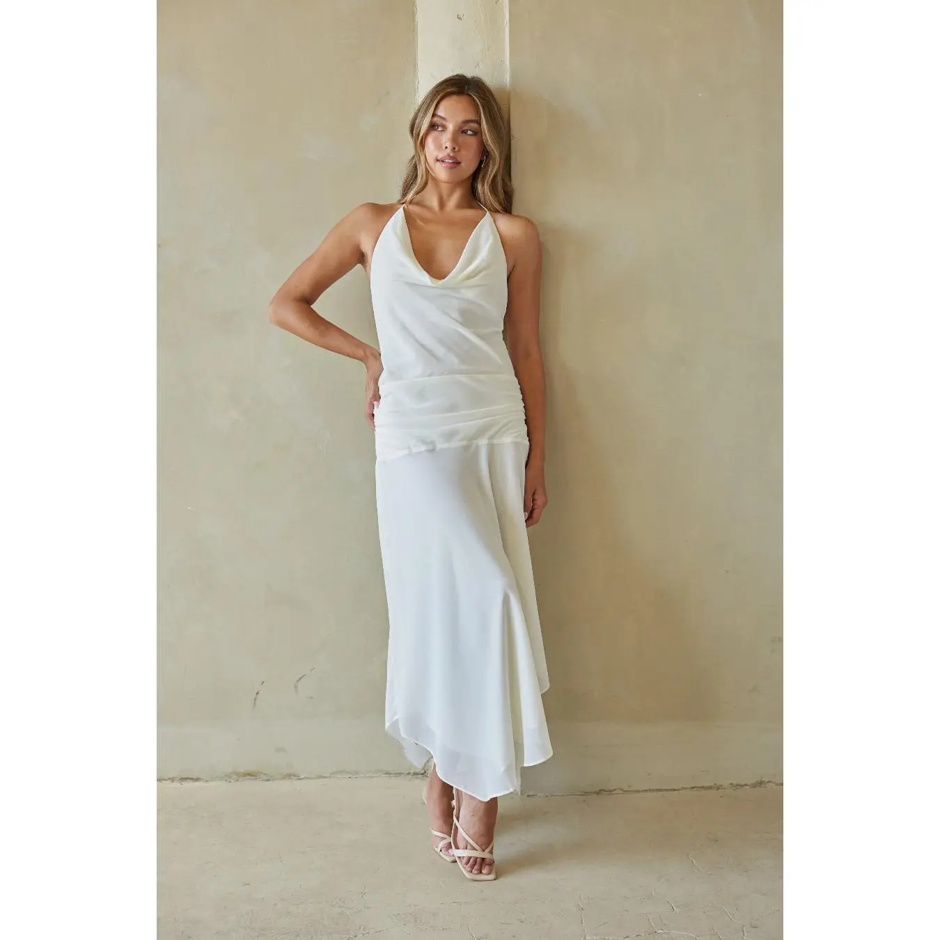 Cora Asymmetrical Chiffon Halter Sleeveless Midi Dress