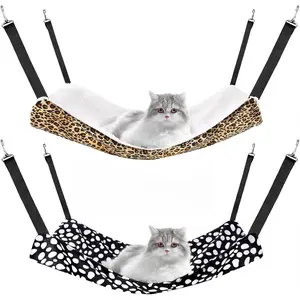 2 Pack Cat Hammock for Cage, Catio Accessories Reversible Soft Cats Bed with Adjustable Straps and Hooks Double-Sided Linen and Fleece Hanging Hammock for Cats, Kitten(Leopard and Dot,M)