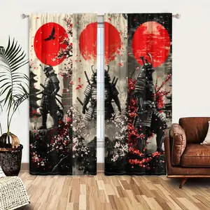2pcs Window Curtains, Three powerful samurai stand against bold red suns, surrounded by delicate cherry blossoms in a captivating Japanese triptych.Window Drapes for Bedroom Living Room, Rod Pocket Window Treatment
