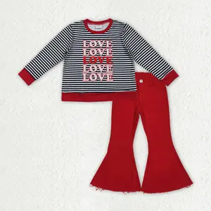 C Kids Girl Valentines Day Clothing Set Love Bell Bottom Outfit GLP3263