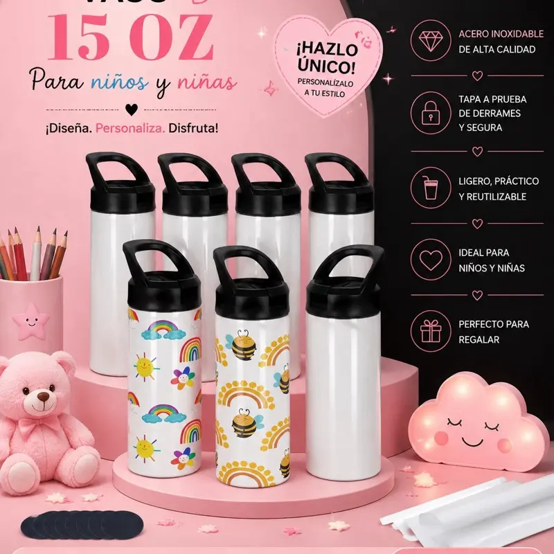 Vaso Térmico Infantil Personalizable 15 oz de Acero Inoxidable con Tapa Antiderrame