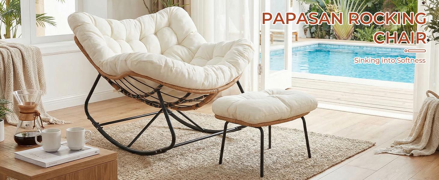 Arlopu Outdoor Papasan Rocking Chair with Ottoman, Oversized Padded Lounge Rocker with Cushion, Comfy Wicker Egg Lounge Chair, Large Indoor Rocking Recliner for Living Room/Porch/Garden
