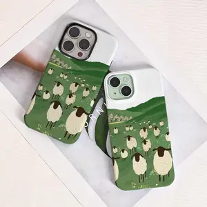 Sheep Meadow Aesthetic Phone Case – Cute Cottagecore Landscape, Green Pastoral Farm Design, Minimal Nature Shockproof Cover Compatible with iPhone 17, 16, 15, 14, 13, 12, 11 & Galaxy