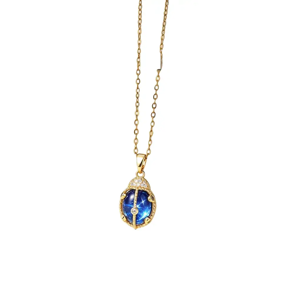Women's Sweet Female Gold-Plated Copper Round Ladybug Pendant Necklace with Zirconia Stones, Cute Collarbone Chain