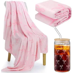 2 count  Pink Bow  Set with Pink Bow Throw Blanket and 16 oz Aesthetic Glass Cup Cute Stuff Gifts for Women Sister Friend Bridal Showers Bachelorette Weddings Engagements Party favors