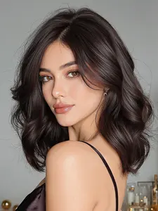 14 Inch Shoulder-Length Short Hair Wig with Bangs, Natural Straight Rose Net, Synthetic Material Wigs, Daily Wear, All Seasons, No Ca Prop 65