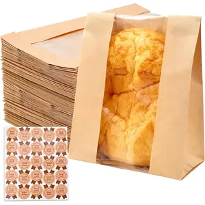 Large Paper Bread Bags for Homemade Bread, 11.2" x 8.2" x 3.5" Paper Bread Bag with Label Lock Clear Front Window Stickers for Bakery Storage Holidaysg Harvest Party (25)