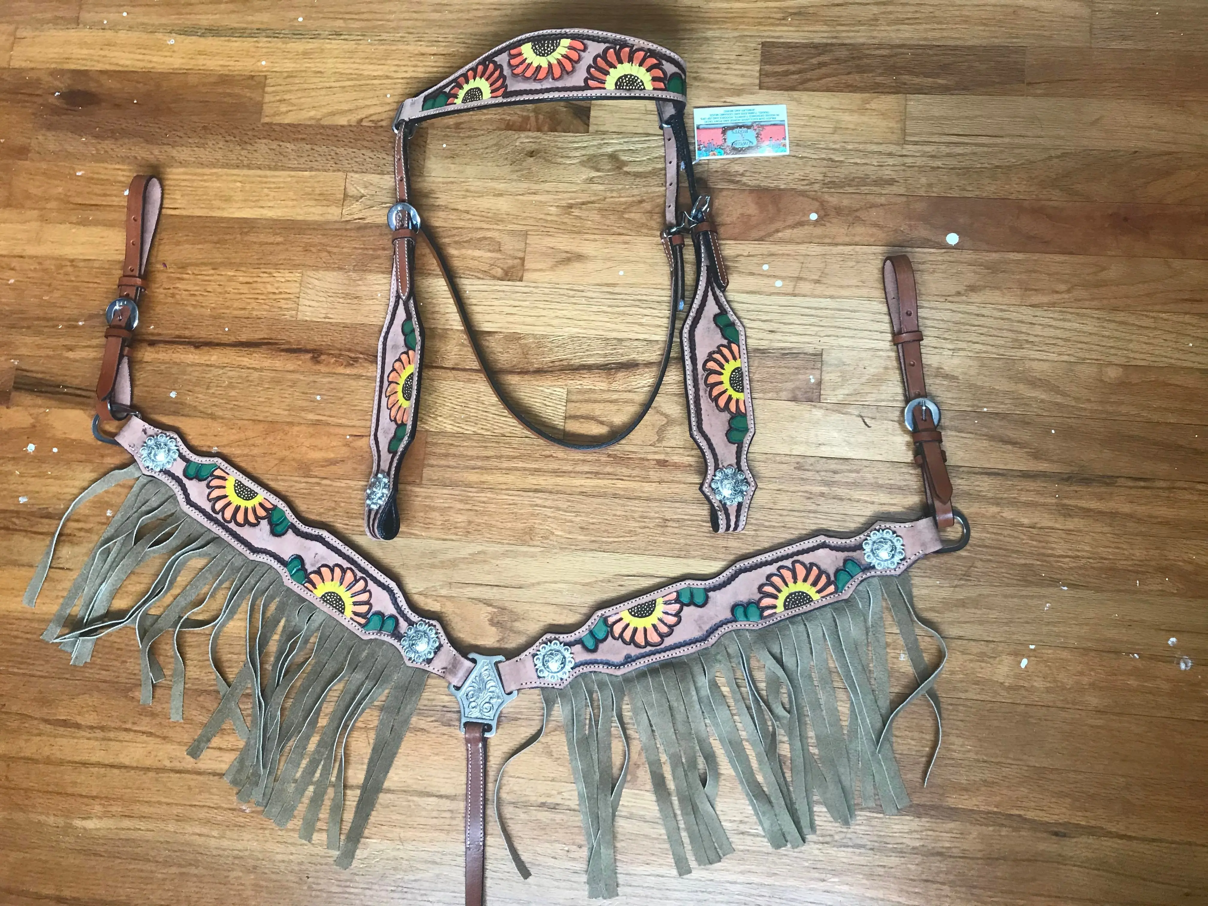 Durable Leather Fringe Headstall & Breast Collar Set - Orange Sunflower Tooling Tack, Thick Suede, Quality Material, Adjustable Fit for Rodeo, Barrel Racing, Everyday Horse Riding Equestrian Equipment, Gymkhana, Enhance Horse Riding Experience, No Wither