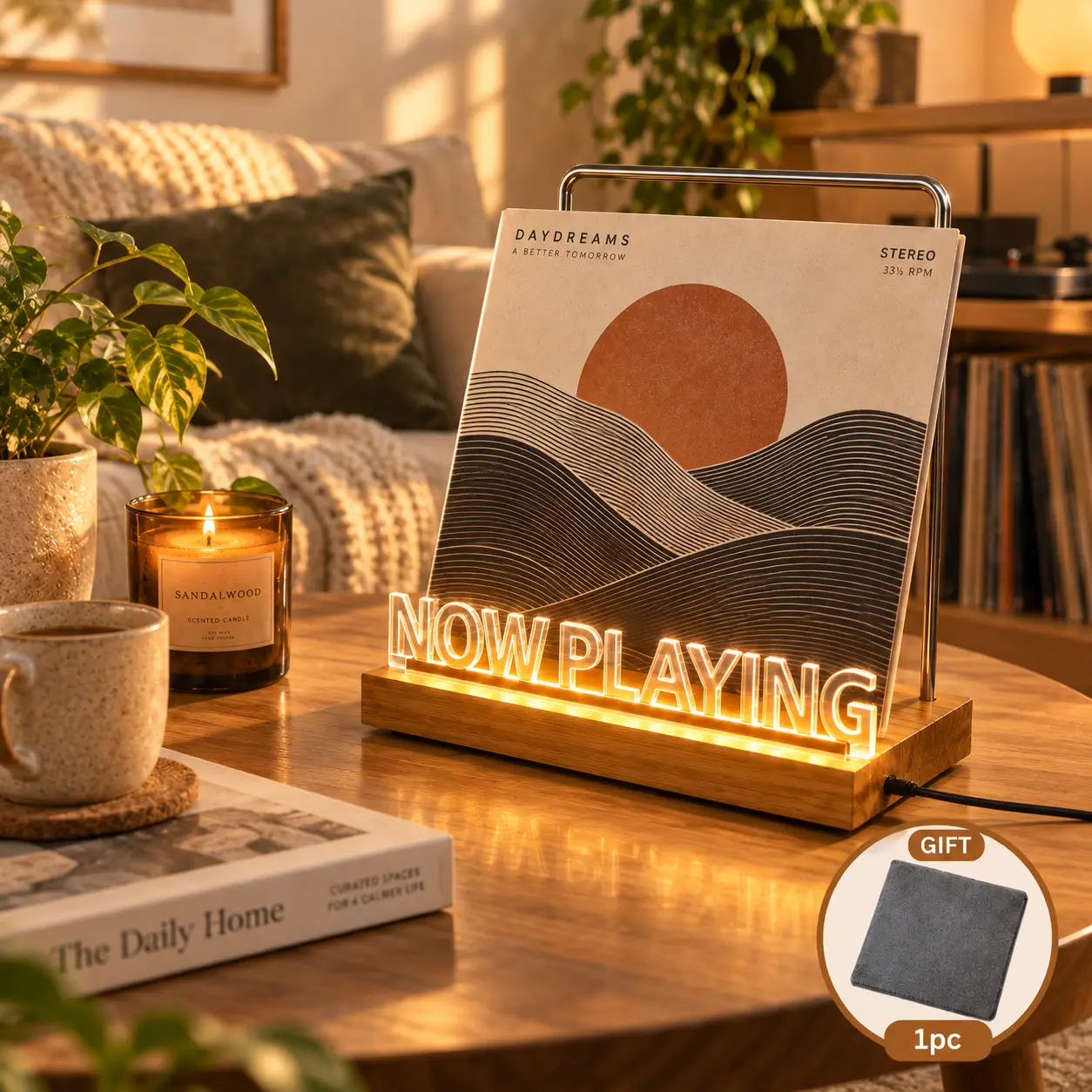 Now Playing Wooden Vinyl Record Display Stand with 3 Light Modes & Dimmable Brightness, USB Powered Desktop LP Album Holder with Free Vinyl Cleaning Cloth, Retro Music Decor Gift for Vinyl Collectors